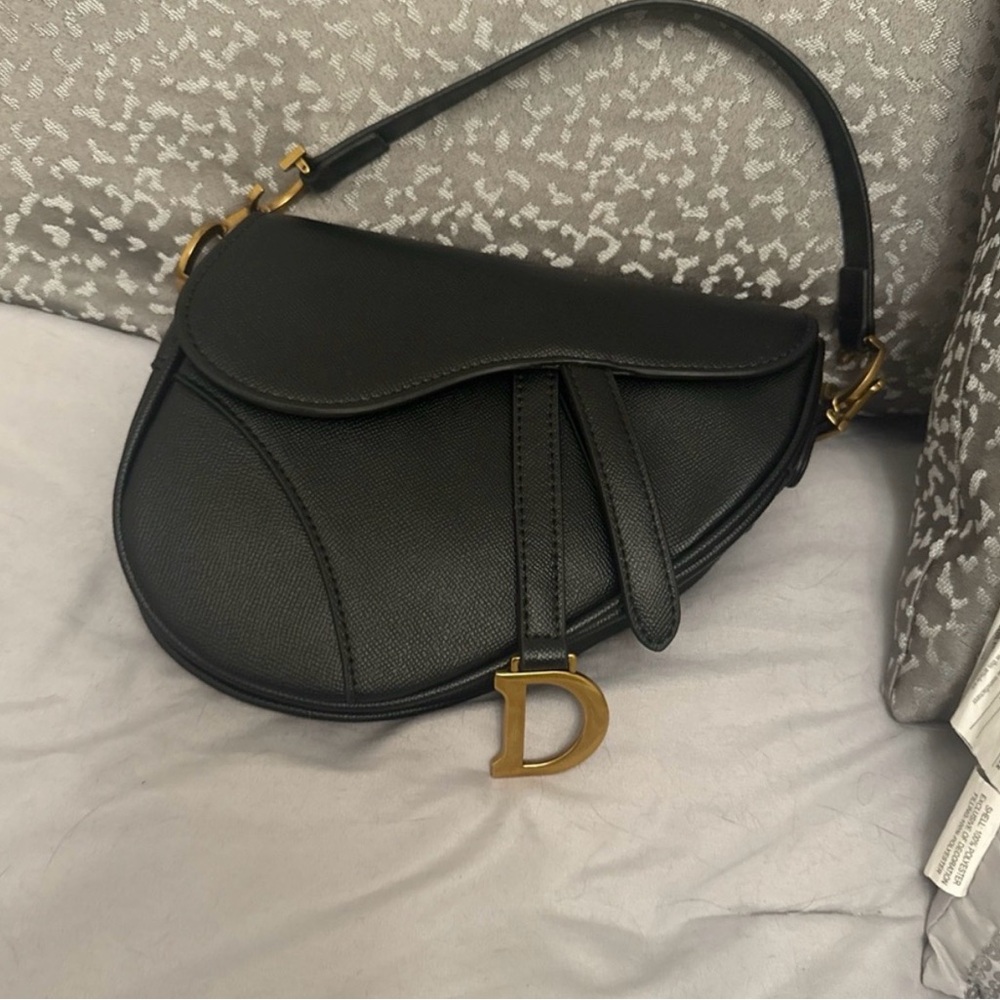 Black Saddle Shoulder Bag with Gold 'D' Charm